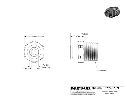 Technical drawing of Push-to-Connect Tube Fitting for Air, Straight Adapter, for 1/4" Tube OD x 1/4 NPT Male.